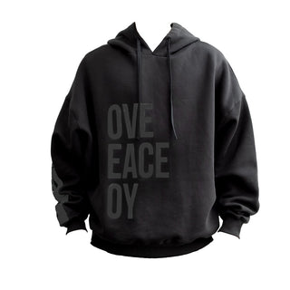 Schwarzer oversize Hoodie mit schwarzer Schrift "Love, Peace, Joy"