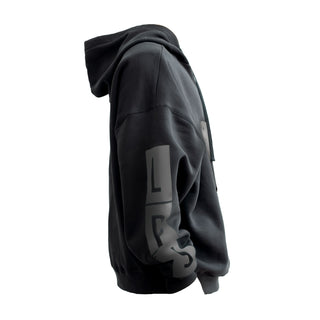 Schwarzer oversize Hoodie mit schwarzer Schrift "Love, Peace, Joy"